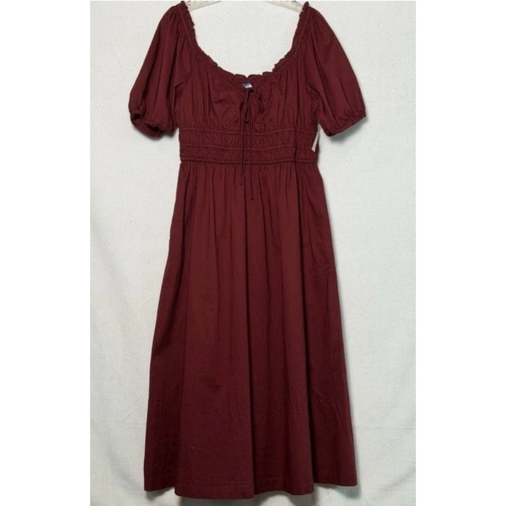 Old Navy Smocked Waist Puff Sleeve Midi Dress Women's M Peasant Burgundy NWT